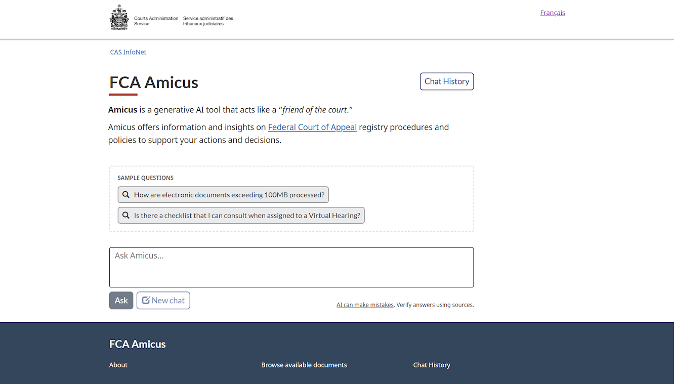 Screenshot of the Amicus Chatbot