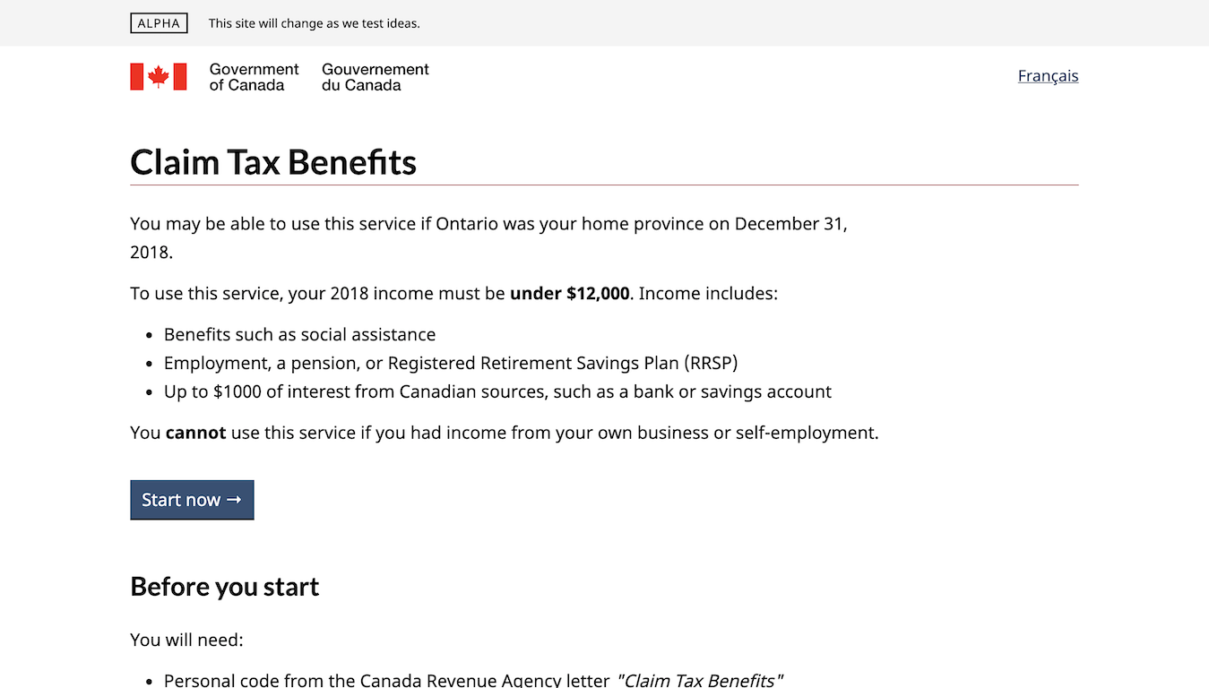 Screenshot of the Claim Tax Benefits prototype