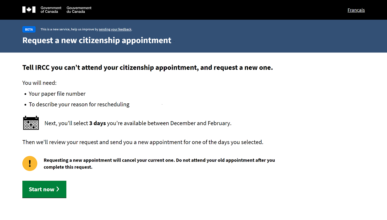 Screenshot of the Citizenship Rescheduler