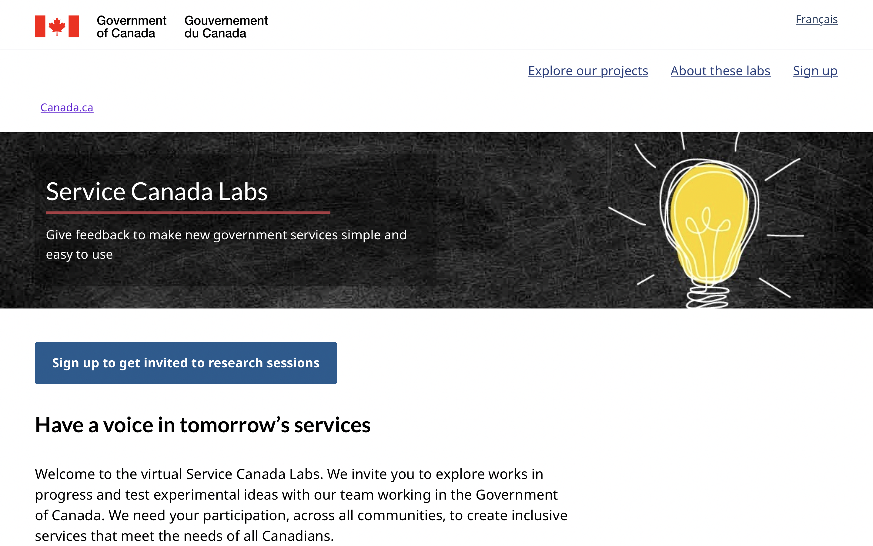 Screenshot of the English Service Canada Labs home page