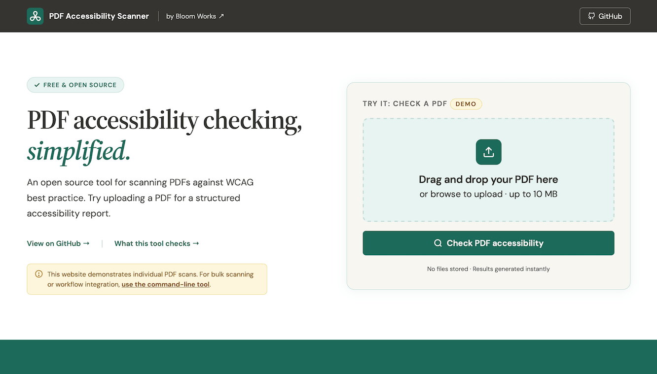 Screenshot of the home page of the PDF Accessibility Scanner tool